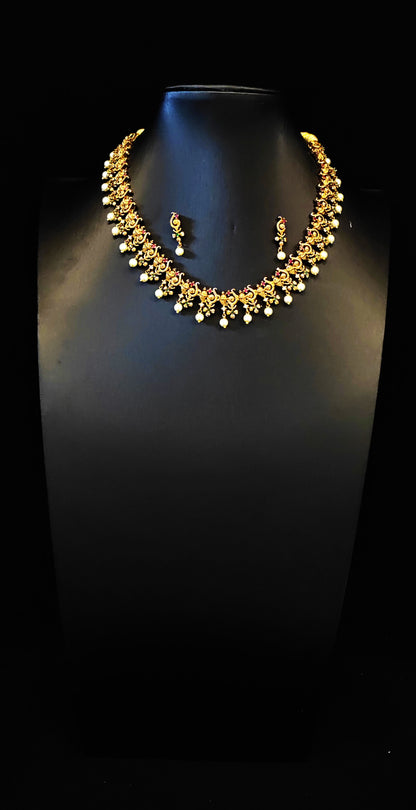 Temple Jewelery: Choker Set with Small Studs and Pearl Dangles in Rustic Gold Finish