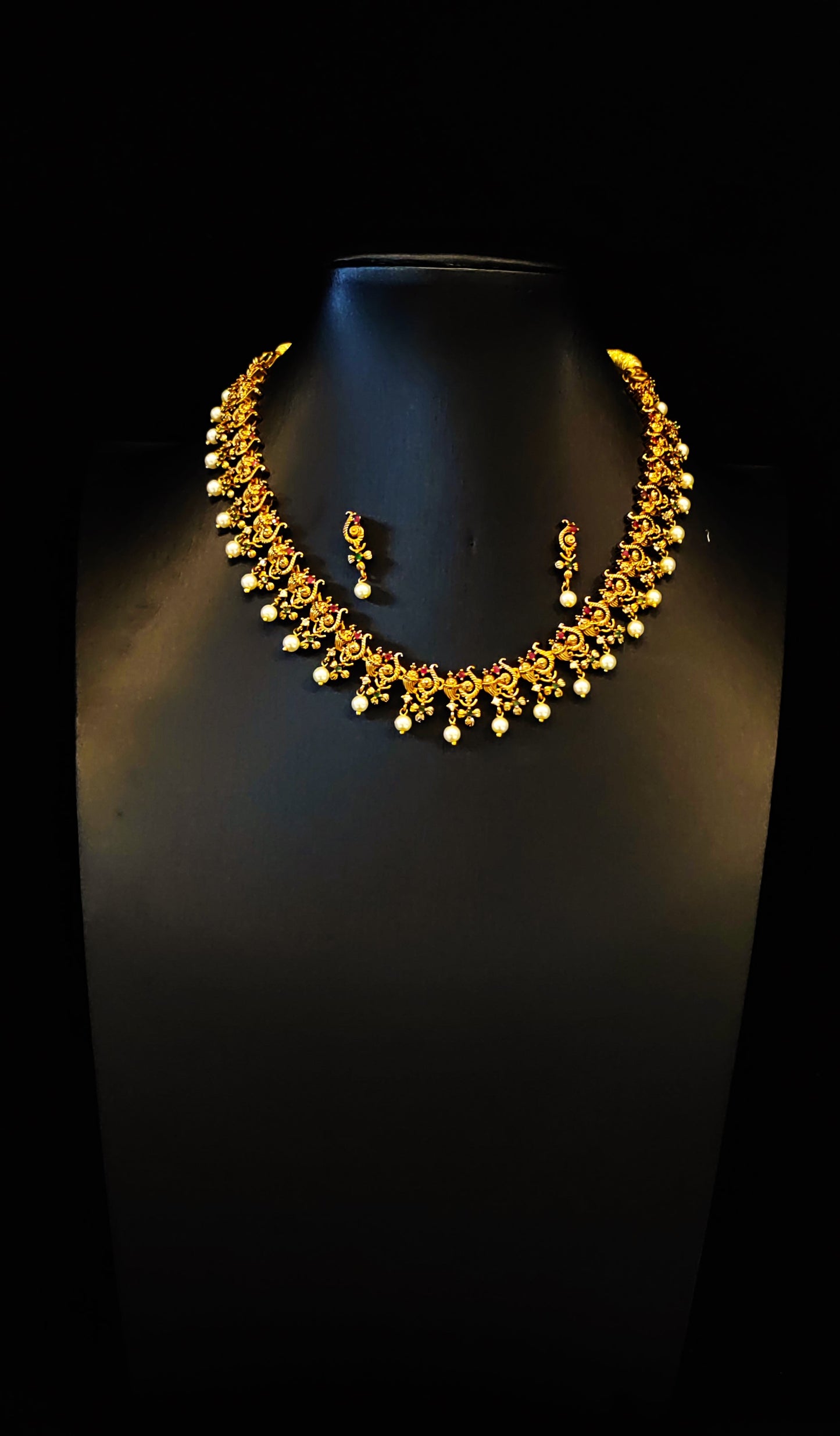 Temple Jewelery: Choker Set with Small Studs and Pearl Dangles in Rustic Gold Finish