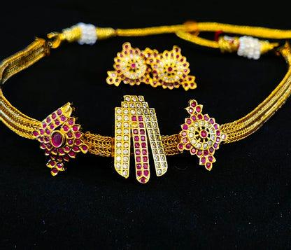 Temple Jewelery: Choker Necklace Set with Earrings in White and Ruby AD Stone