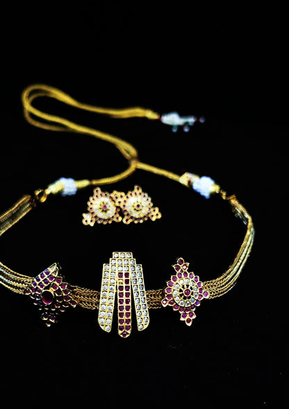 Temple Jewelery: Choker Necklace Set with Earrings in White and Ruby AD Stone