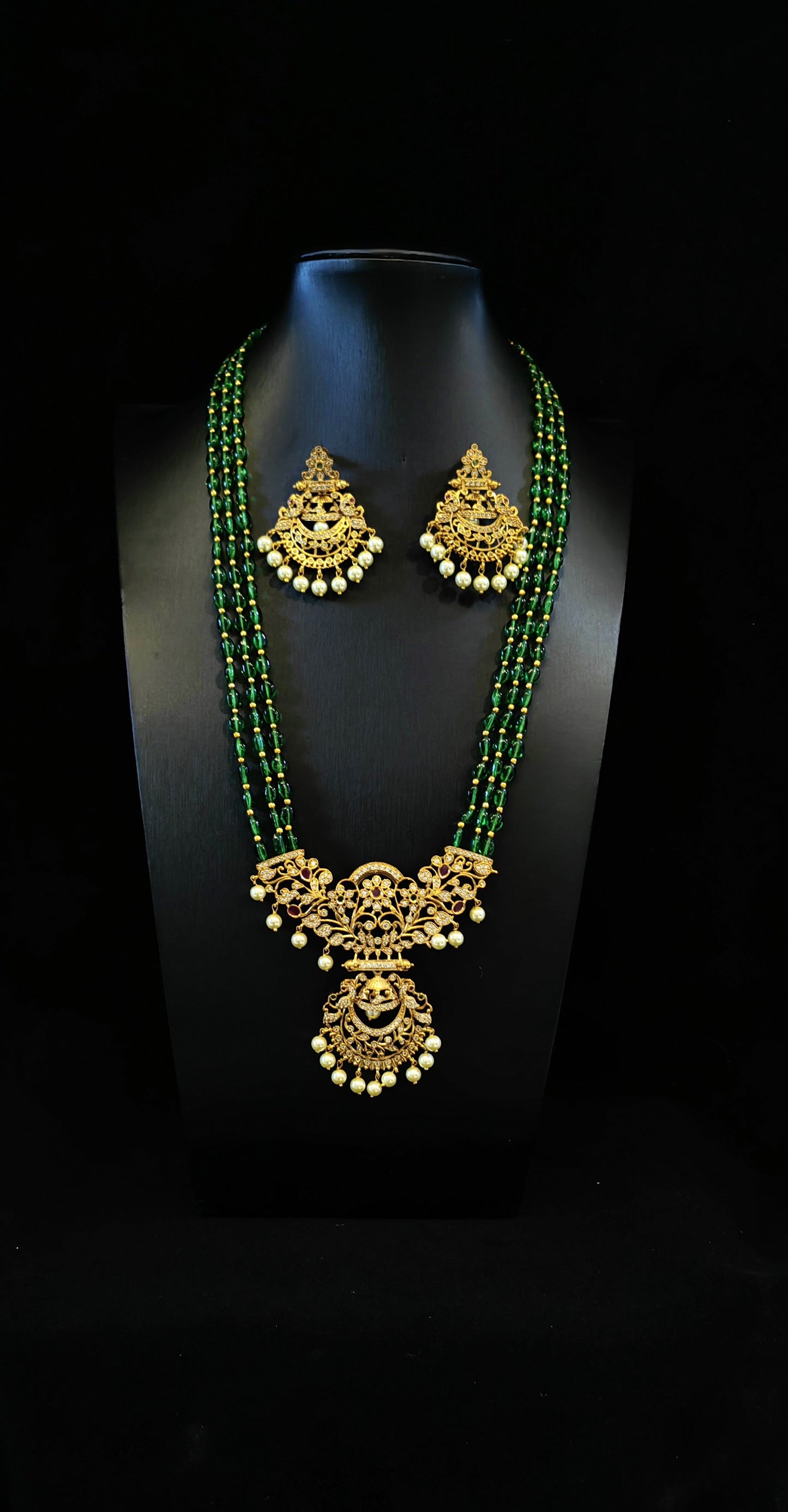 Temple Jewelery: Chand Bali Pendant Long Haram Set with Earrings in Bottle Green Color