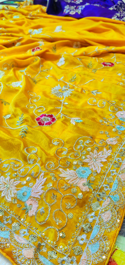 Beautiful Turmeric Yellow Soft Silk Chinon Embroidery and Sequence Work Saree,