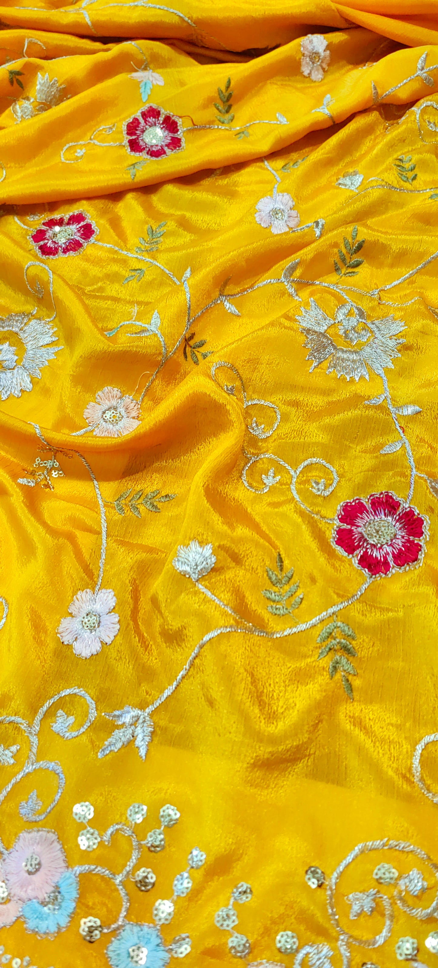 Beautiful Turmeric Yellow Soft Silk Chinon Embroidery and Sequence Work Saree,