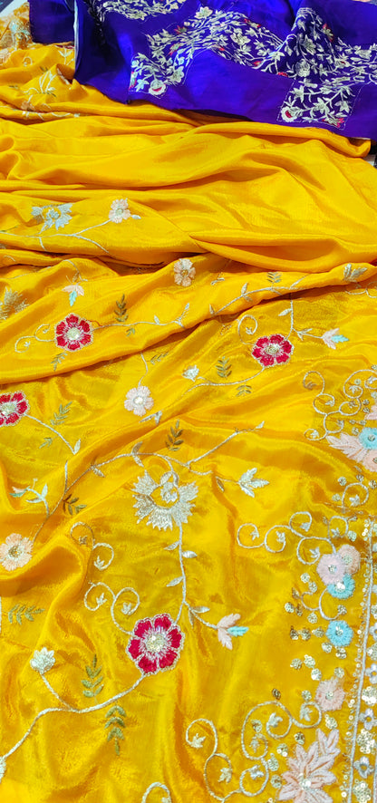 Beautiful Turmeric Yellow Soft Silk Chinon Embroidery and Sequence Work Saree,