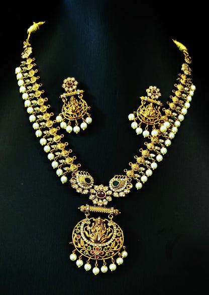 South Indian Traditional Golden Temple Jewelery Set with Earrings for women's