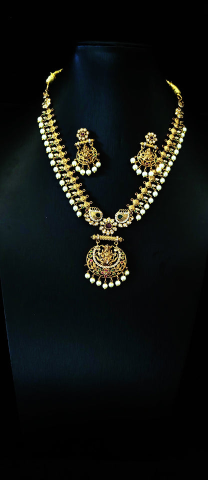 South Indian Traditional Golden Temple Jewelery Set with Earrings for women's