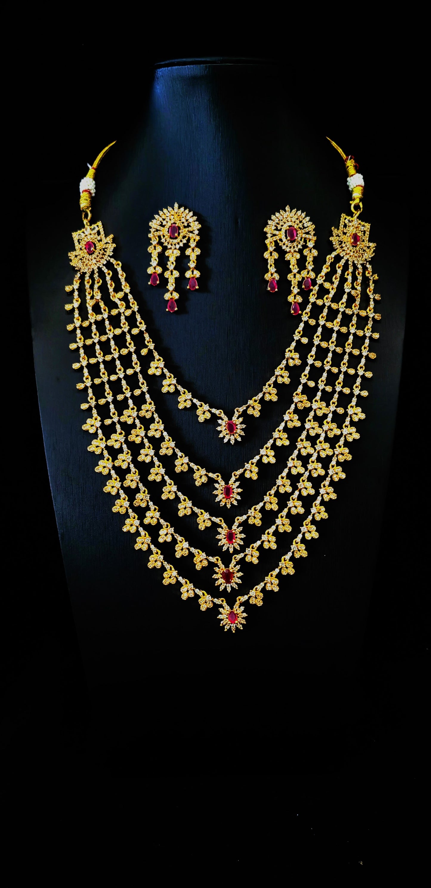 Regal Radiance: Five-Layered Bridal Temple Ensemble with Earrings