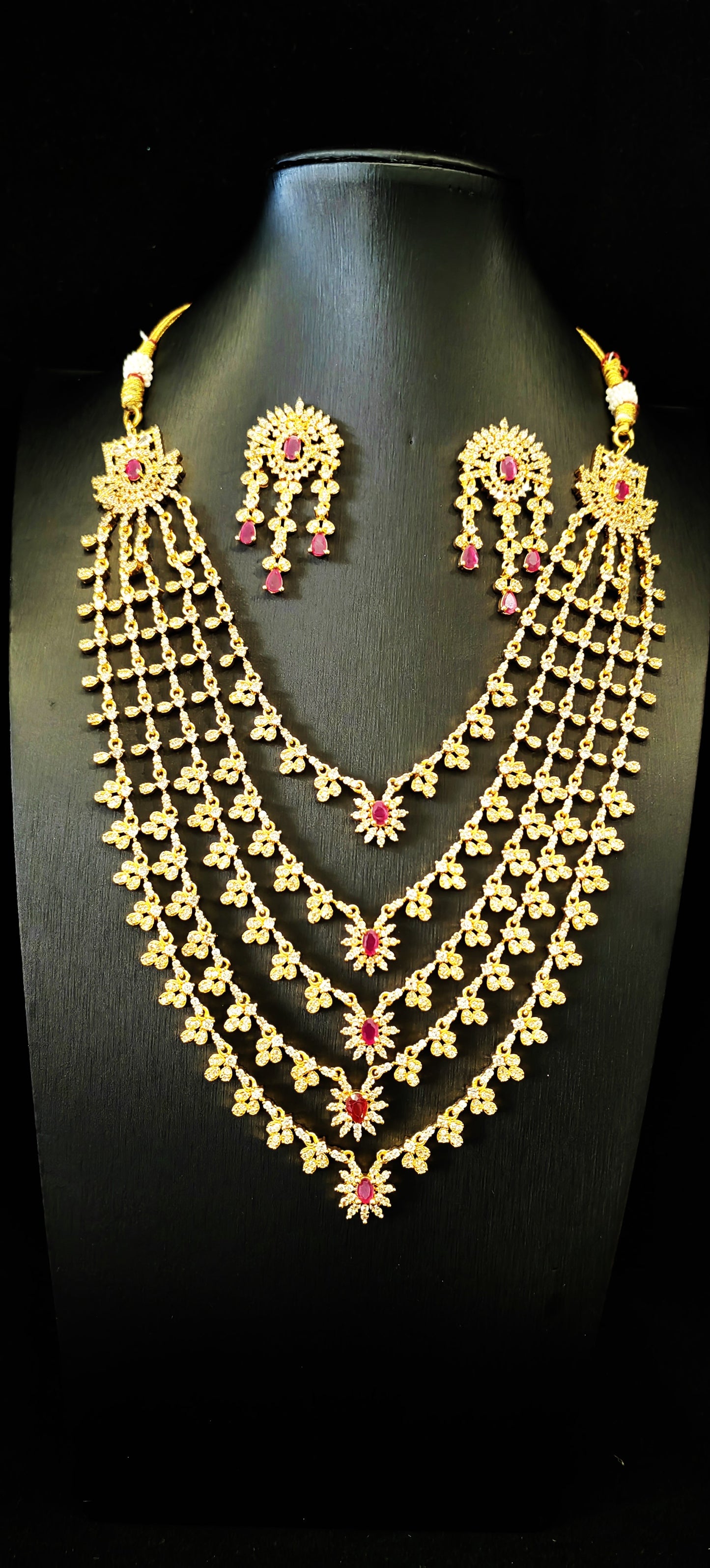 Regal Radiance: Five-Layered Bridal Temple Ensemble with Earrings