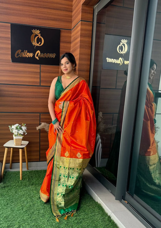 Fiery Elegance Red Orange Satin Silk Saree