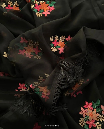 Beautiful Chiffon Multi Thread Embroidery Work Sarees In Black