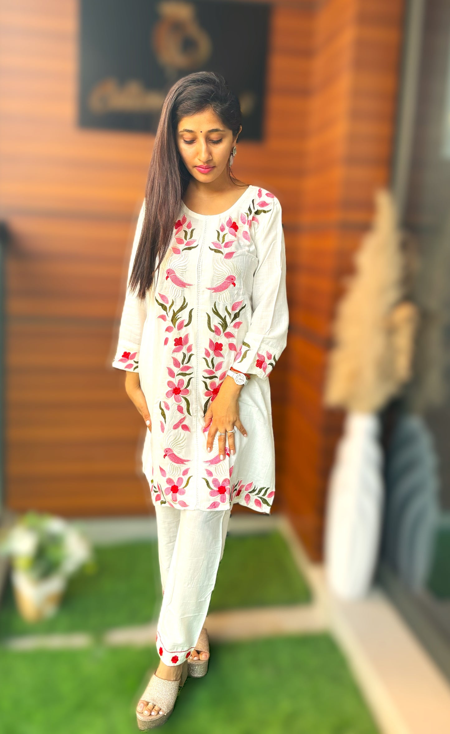 Summer Chic: Handcrafted Thread Embroidered Indo-Western Co-ord Set in Off white color.