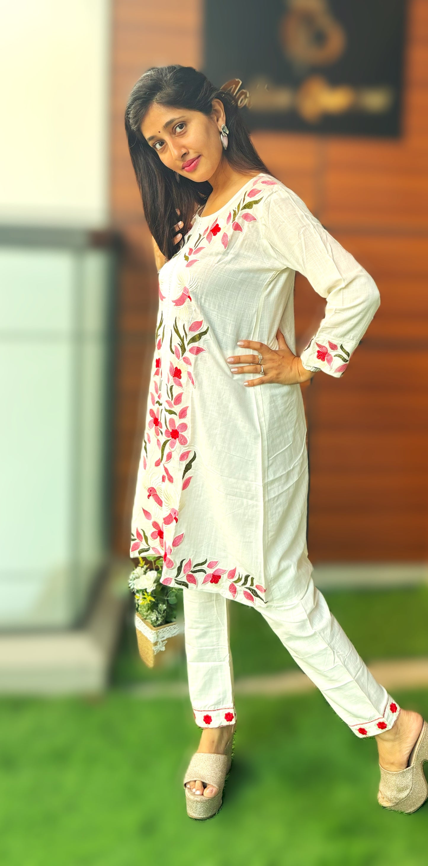 Summer Chic: Handcrafted Thread Embroidered Indo-Western Co-ord Set in Off white color.