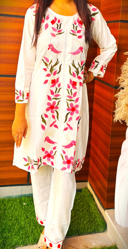 Summer Chic: Handcrafted Thread Embroidered Indo-Western Co-ord Set in Off white color.