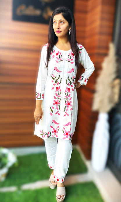 Summer Chic: Handcrafted Thread Embroidered Indo-Western Co-ord Set in Off white color.