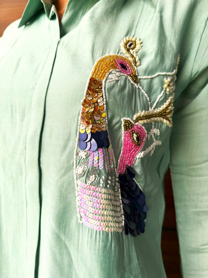 Handcrafted Peacock Perfection Summer Co-ord Set in pastel Pistachio color