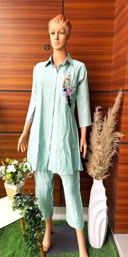 Handcrafted Peacock Perfection Summer Co-ord Set in pastel Pistachio color
