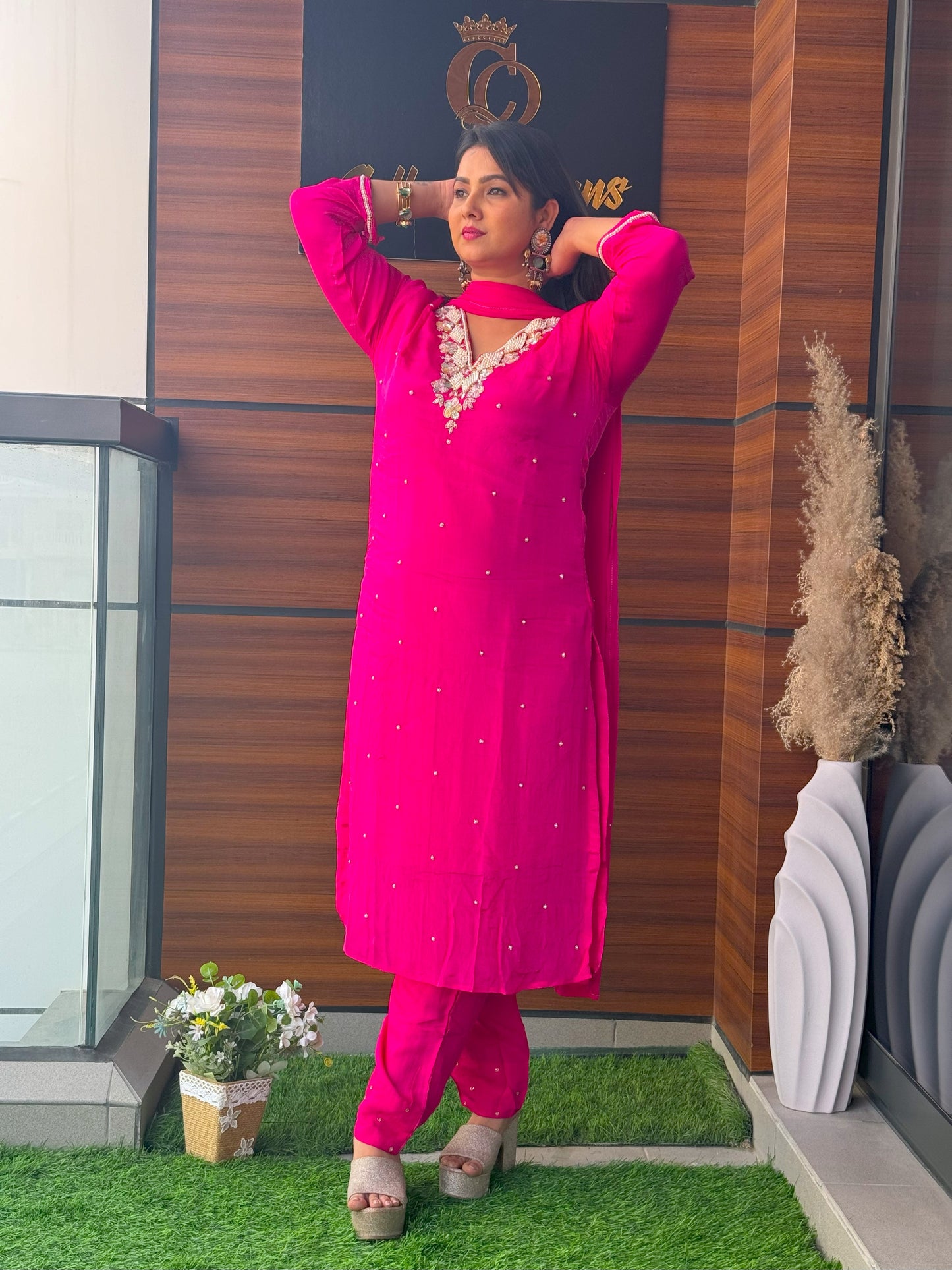 Chicky-Chik: Hot Pink Pearl Party Wear: Indian Three-Piece Suit for All Occasions