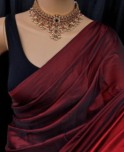 NASHA (Redish Maroon Malai Silk Plain Saree)