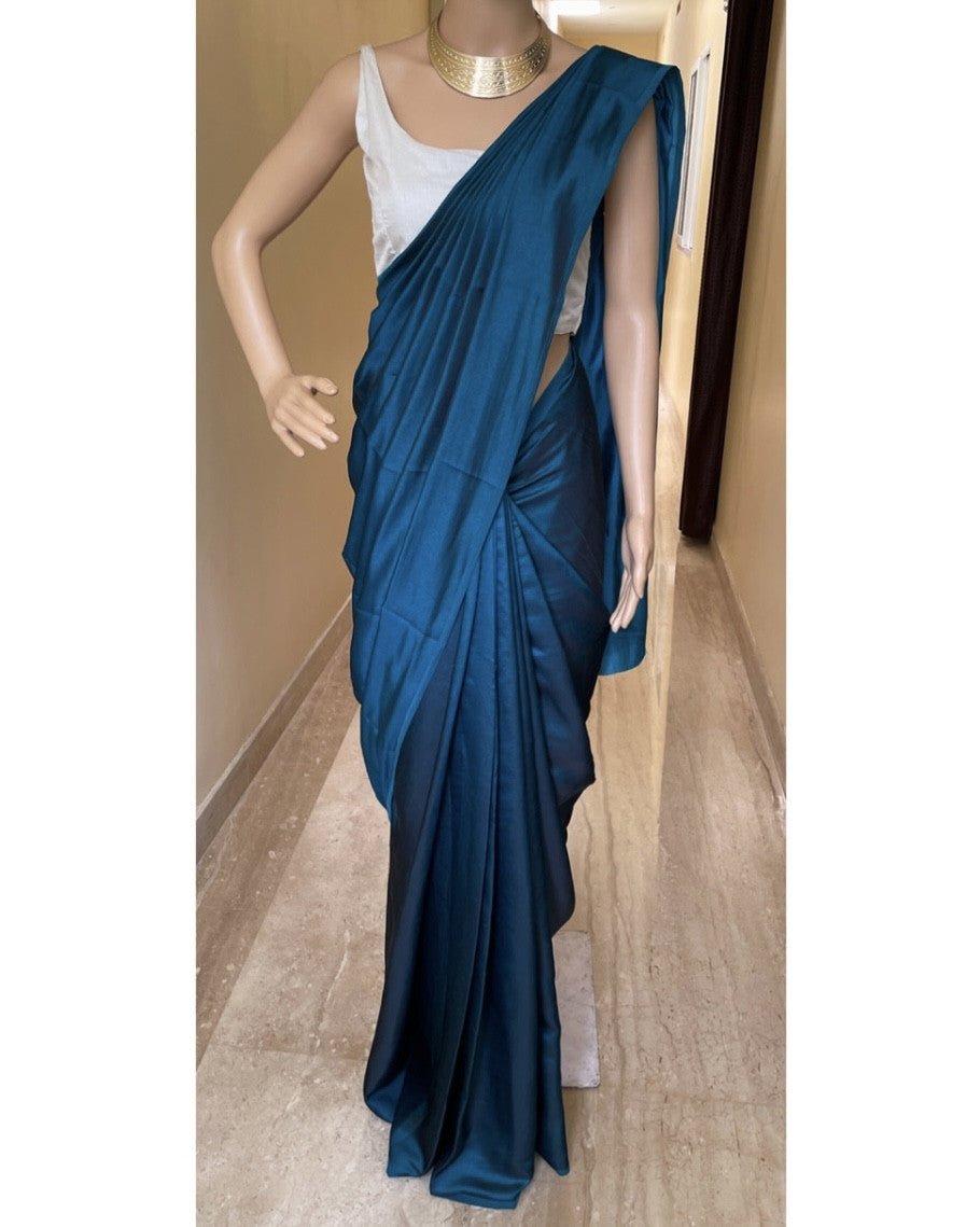 NASHA (Teal Blue Malai Silk plain Saree)