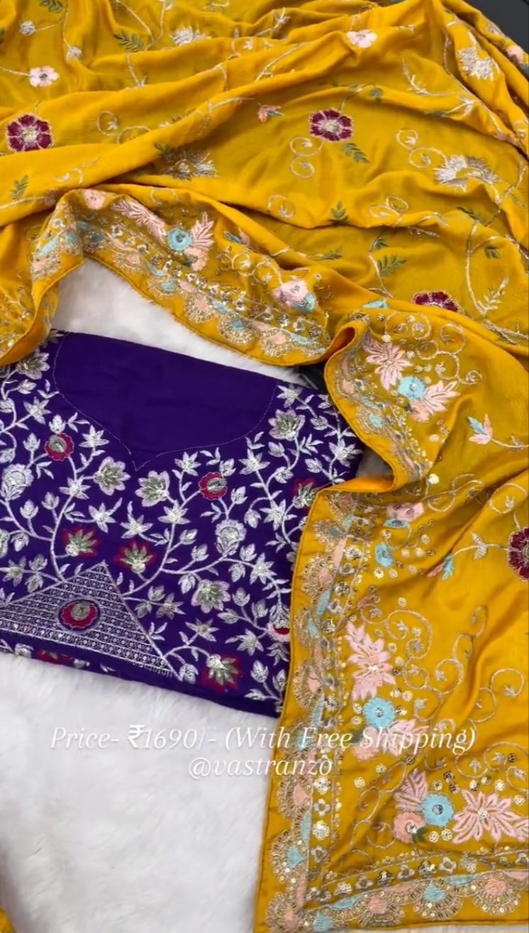 Beautiful Turmeric Yellow Soft Silk Chinon Embroidery and Sequence Work Saree,